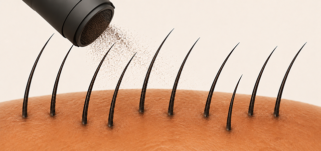 Il flacone di Caboki che distribuisce le fibre sui capelli